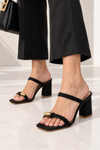 Black Block Heel Mule Sandals | Square Toe & Gold Detail