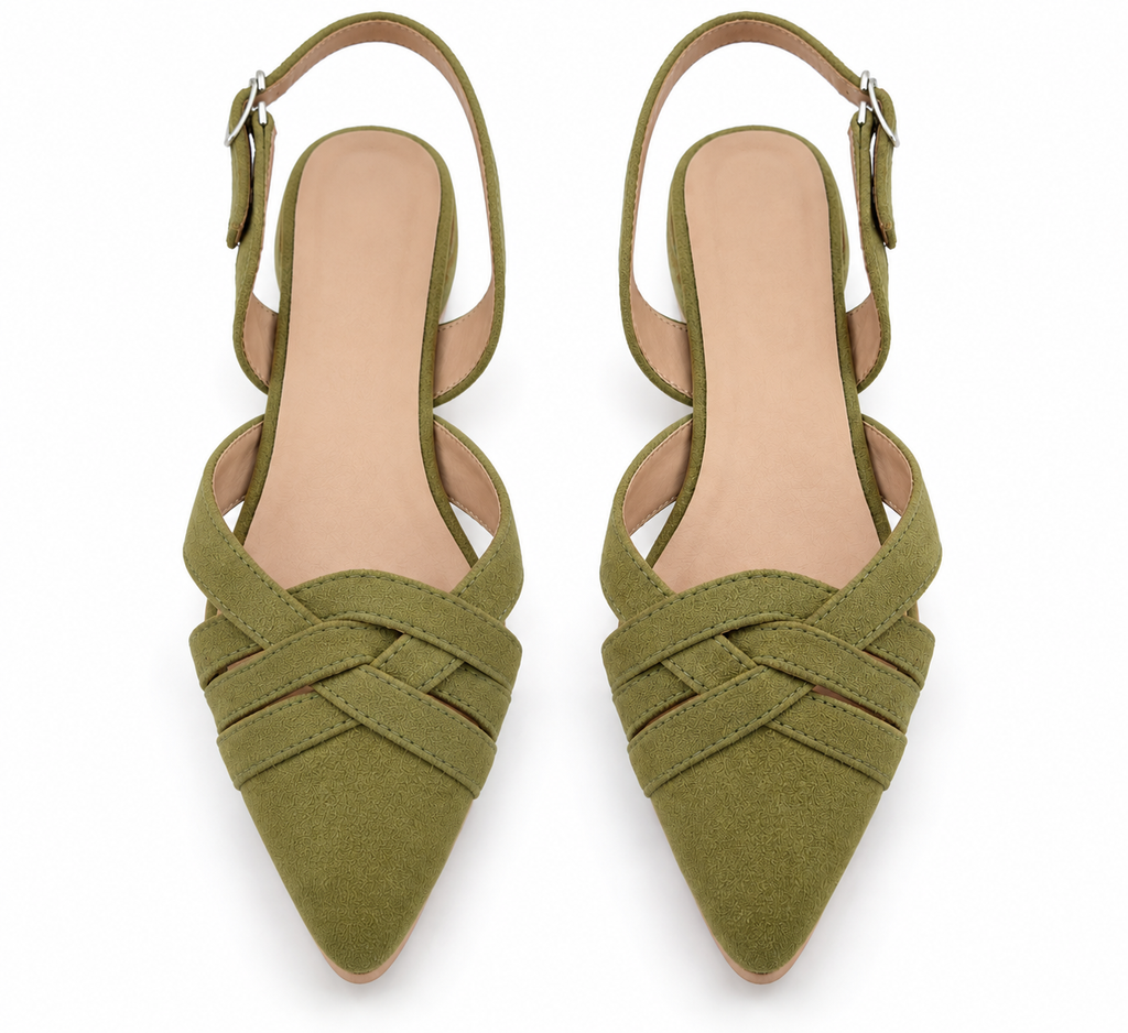 Olive Green Pointed Toe Slingback Flats | Criss Cross Straps