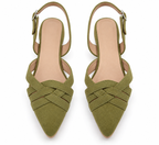 Olive Green Pointed Toe Slingback Flats | Criss Cross Straps