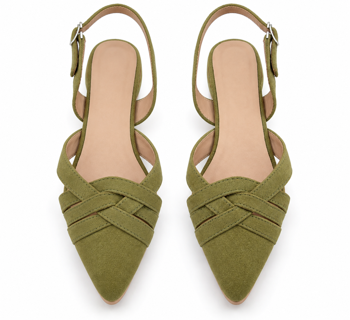 Olive Green Pointed Toe Slingback Flats | Criss Cross Straps