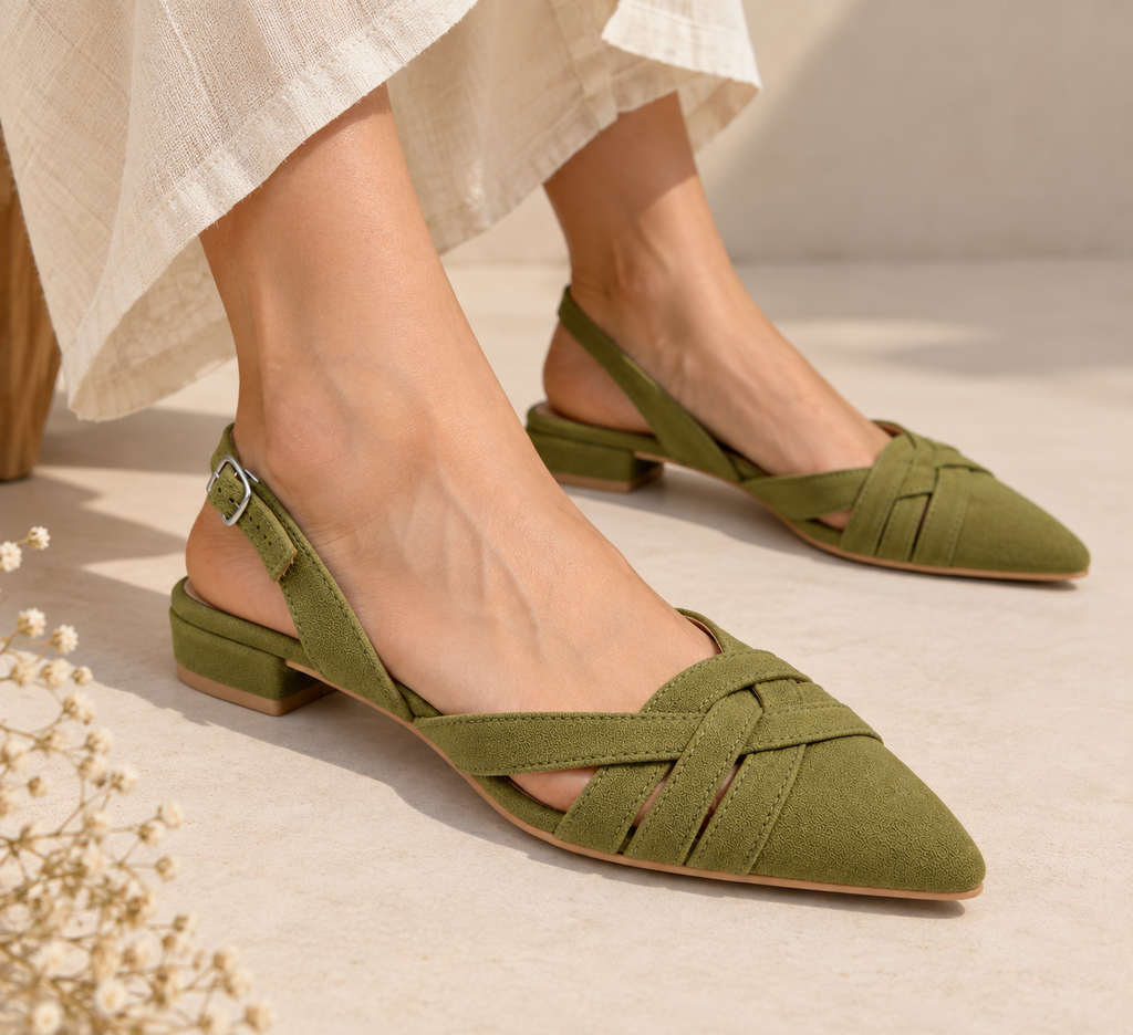 Olive Green Pointed Toe Slingback Flats | Criss Cross Straps