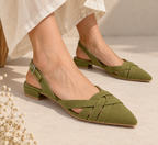 Olive Green Pointed Toe Slingback Flats | Criss Cross Straps