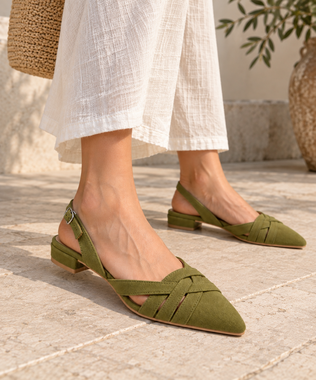 Olive Green Pointed Toe Slingback Flats | Criss Cross Straps