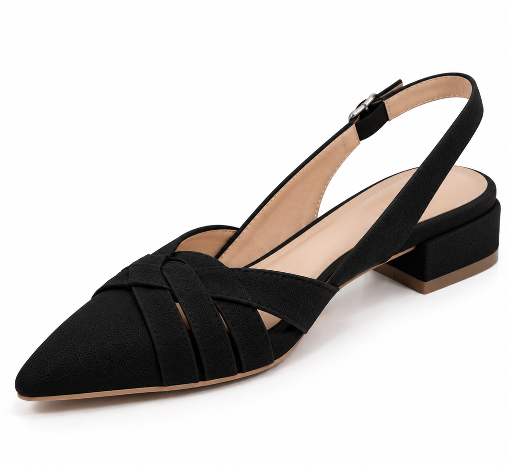 Black Pointed Toe Slingback Flats | Criss Cross Straps