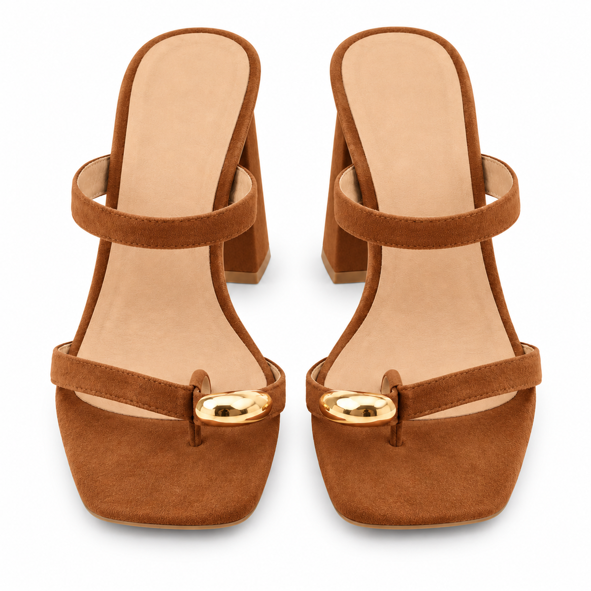 Tan Brown Block Heel Mule Sandals | Square Toe & Gold Detail