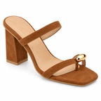 Tan Brown Block Heel Mule Sandals | Square Toe & Gold Detail