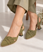 Olive Green Pointed Toe Slingback Heels | Criss Cross Straps