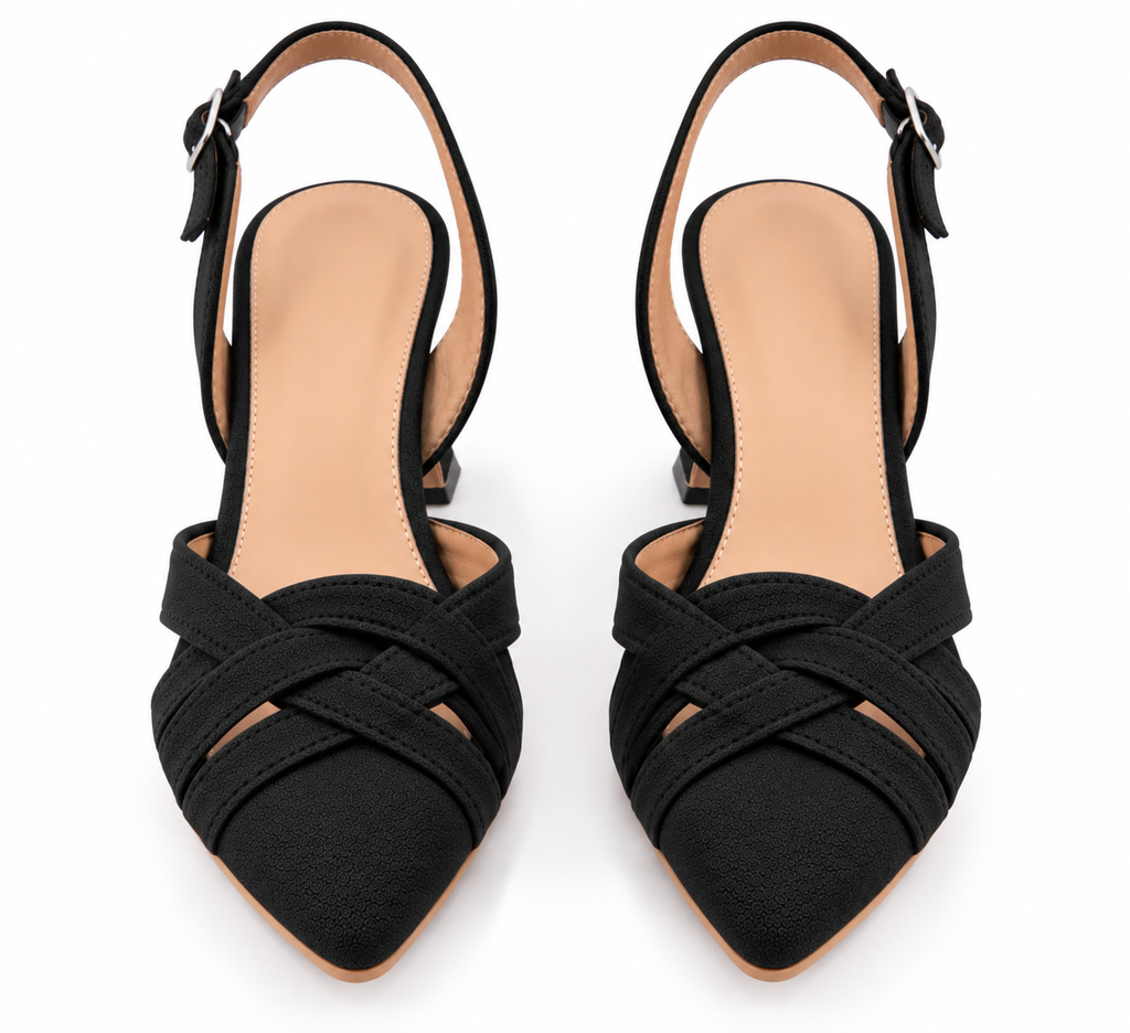 Black Pointed Toe Slingback Heels | Criss Cross Straps