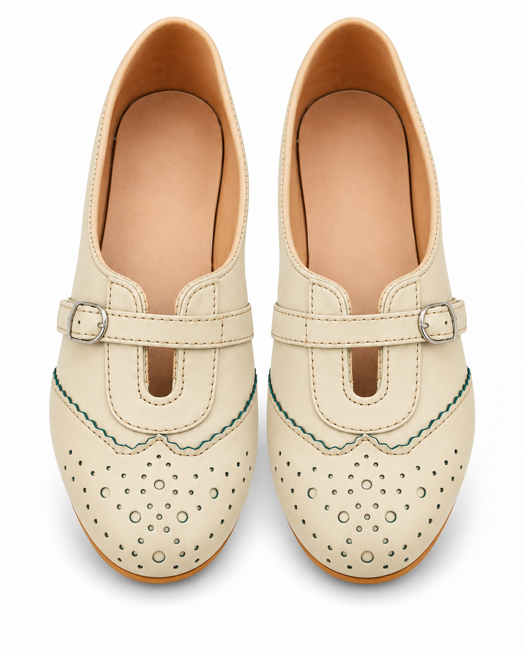 Beige Mary Jane Ballet Flats for Women | Buckle Strap, Cutout Toe