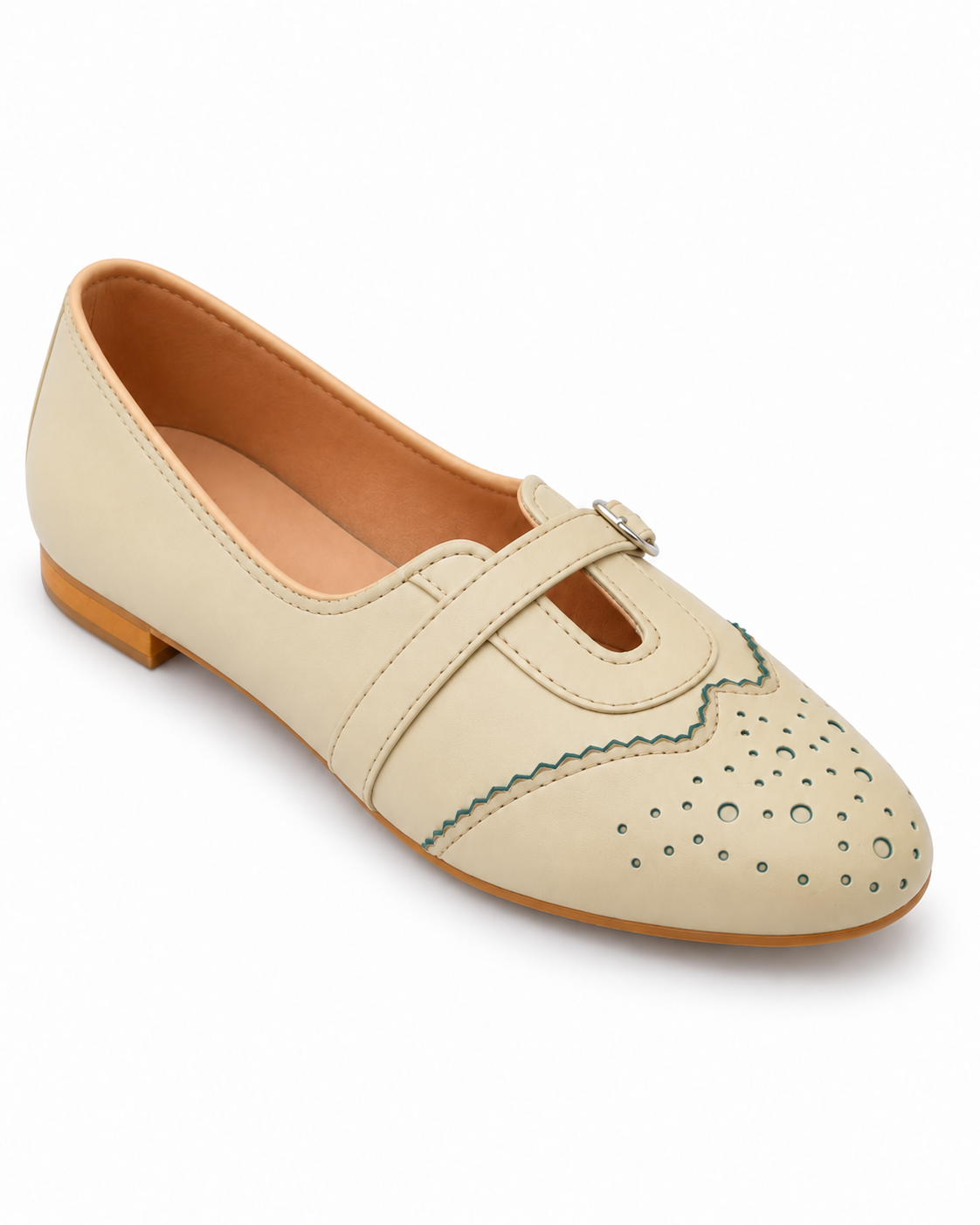 Beige Mary Jane Ballet Flats for Women | Buckle Strap, Cutout Toe