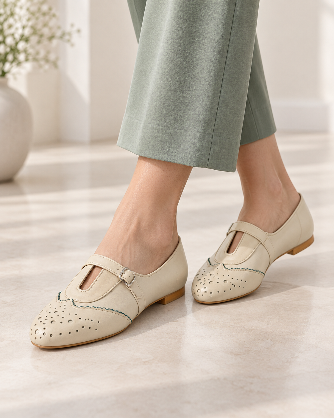 Beige Mary Jane Ballet Flats for Women | Buckle Strap, Cutout Toe