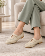 Beige Mary Jane Ballet Flats for Women | Buckle Strap, Cutout Toe