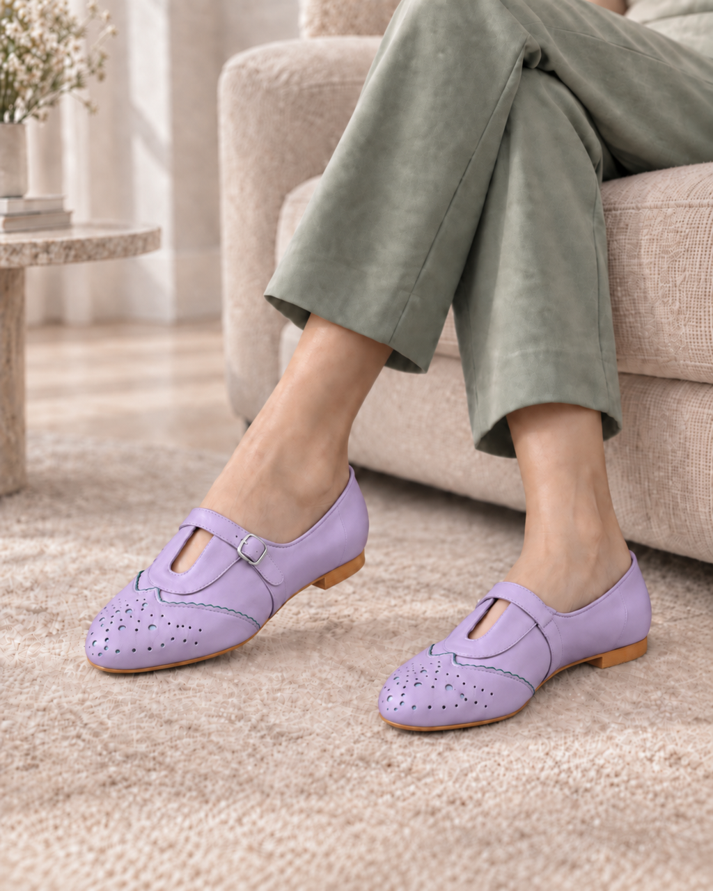 Women's Lavender Mary Jane Flats | Brogue Detail & Buckle Strap