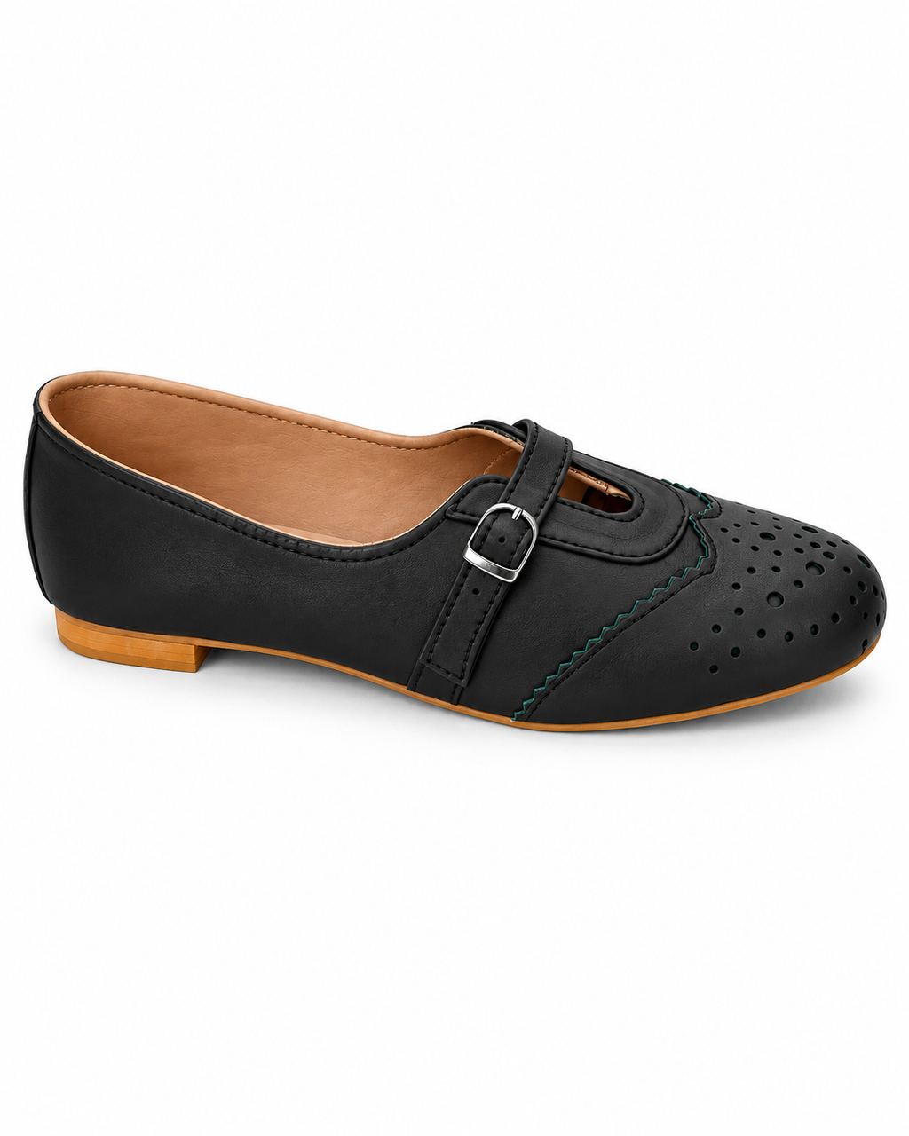 Women's Matte Black Mary Jane Flats | Brogue Detail & Buckle Strap