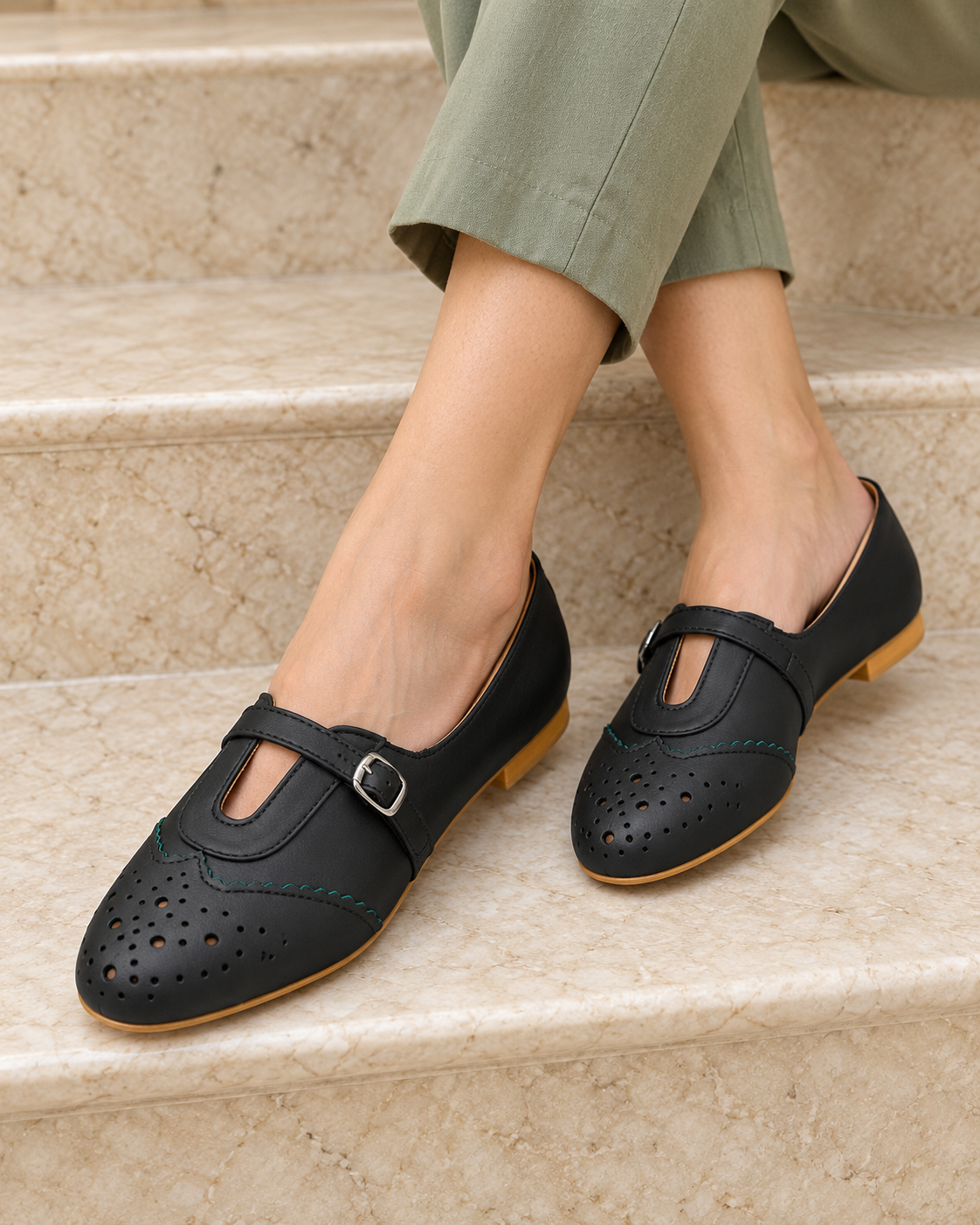 Women's Matte Black Mary Jane Flats | Brogue Detail & Buckle Strap