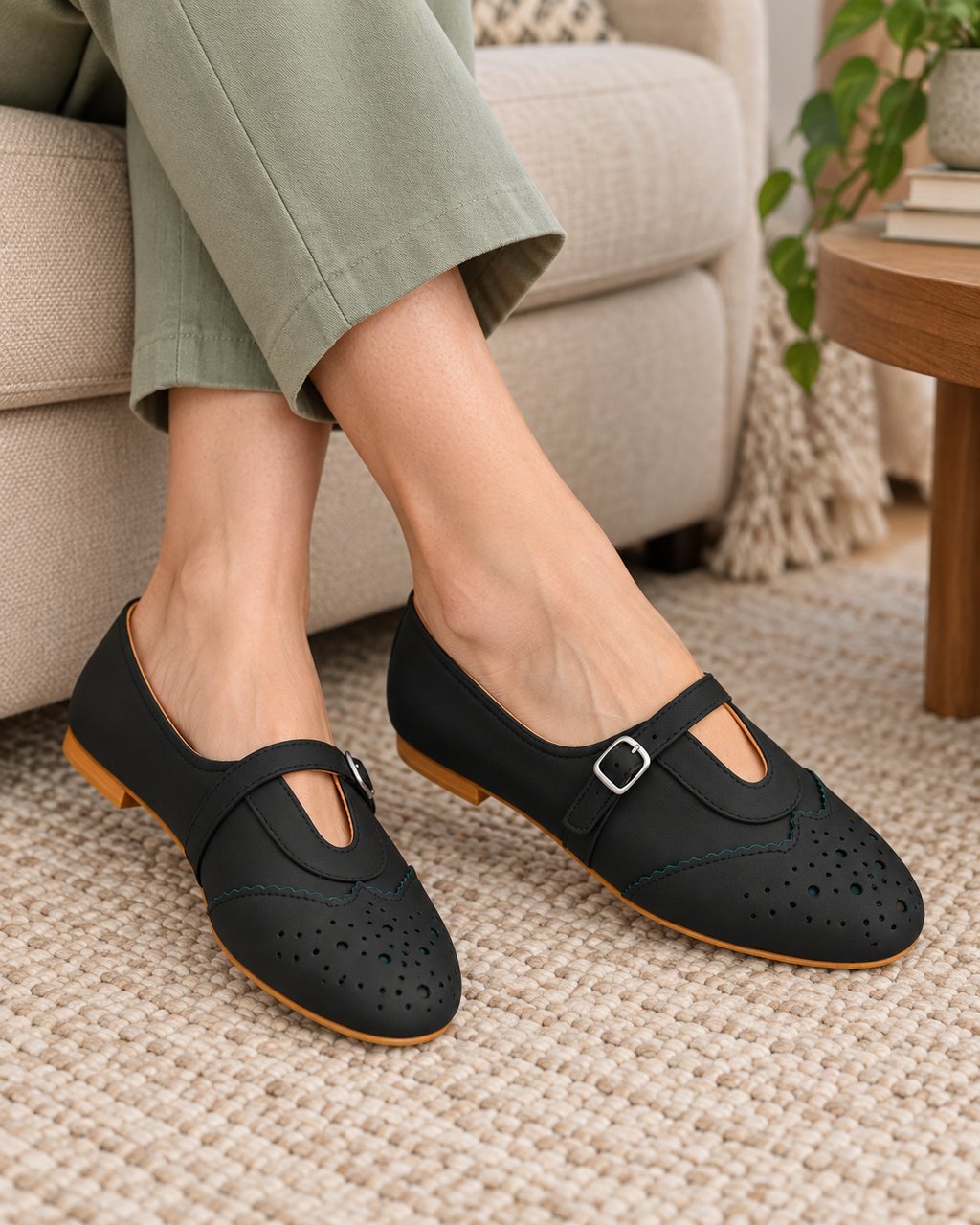 Women's Matte Black Mary Jane Flats | Brogue Detail & Buckle Strap