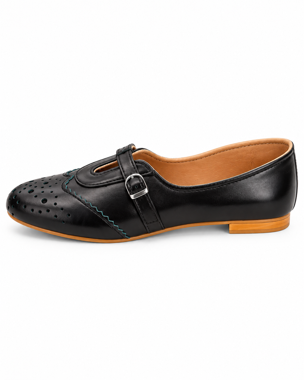 Women's Black Brogue Mary Jane Flats | Buckle Strap & Low Heel