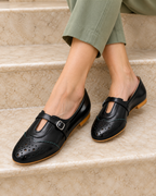 Women's Black Brogue Mary Jane Flats | Buckle Strap & Low Heel