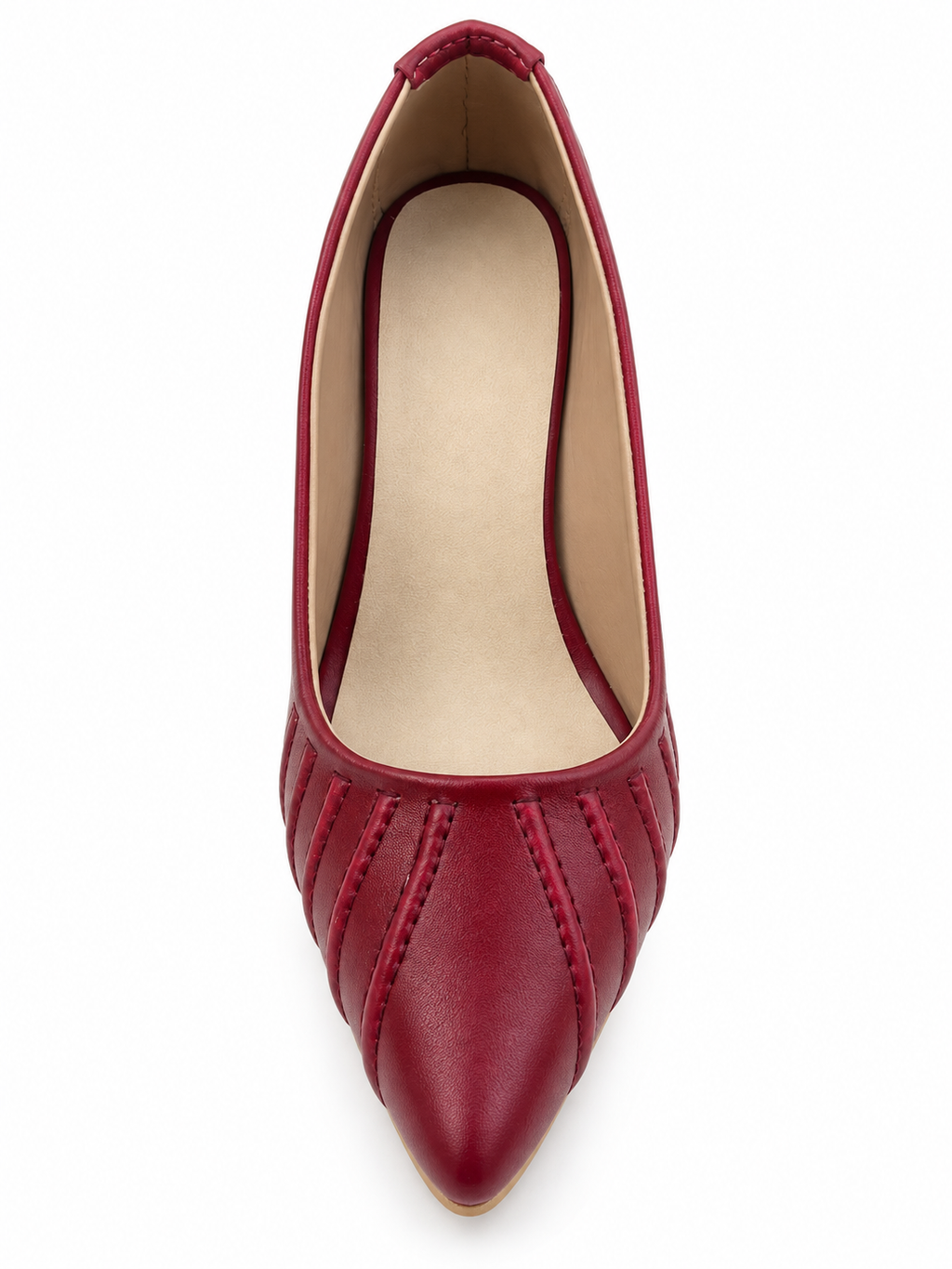 Women's Cherry Red Pointed Toe Block Heel Pumps | Textured Stitch Detail