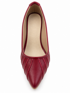 Women's Cherry Red Pointed Toe Block Heel Pumps | Textured Stitch Detail