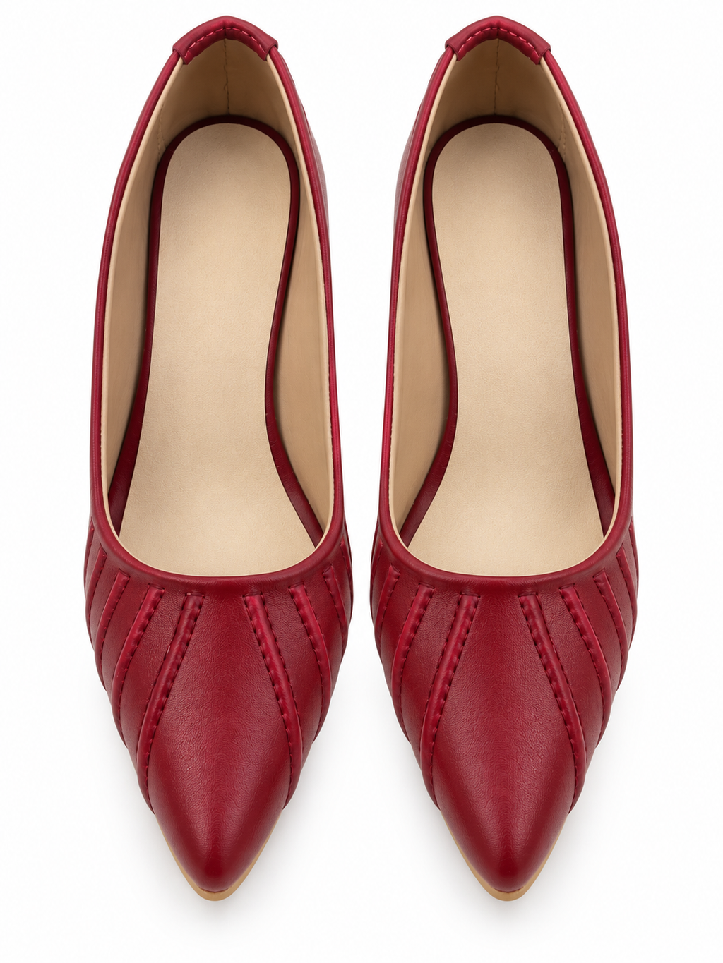 Women's Cherry Red Pointed Toe Block Heel Pumps | Textured Stitch Detail