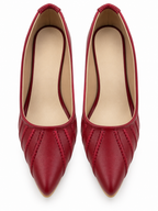 Women's Cherry Red Pointed Toe Block Heel Pumps | Textured Stitch Detail