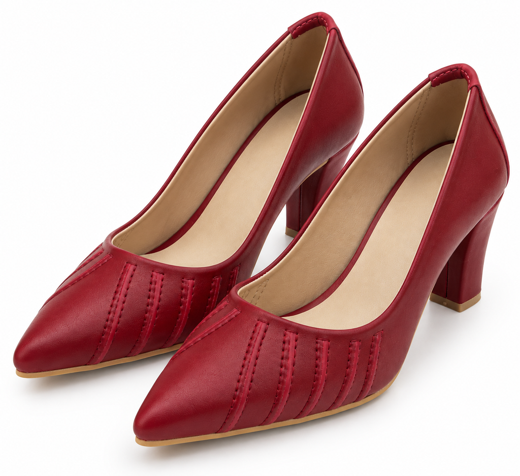 Women's Cherry Red Pointed Toe Block Heel Pumps | Textured Stitch Detail