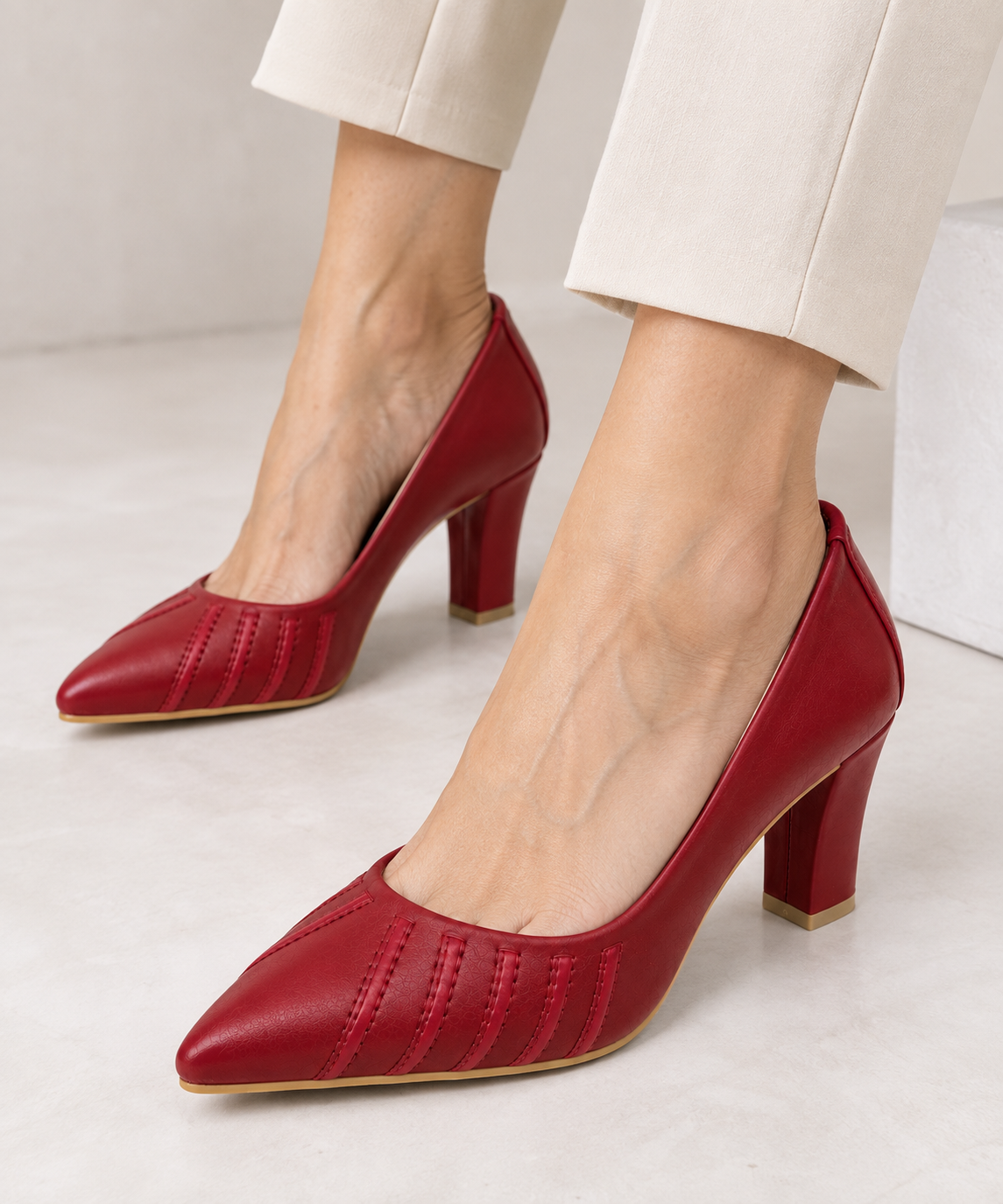 Women's Cherry Red Pointed Toe Block Heel Pumps | Textured Stitch Detail
