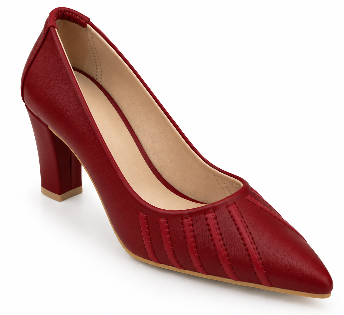 Women's Cherry Red Pointed Toe Block Heel Pumps | Textured Stitch Detail
