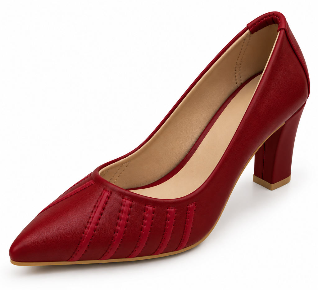 Women's Cherry Red Pointed Toe Block Heel Pumps | Textured Stitch Detail