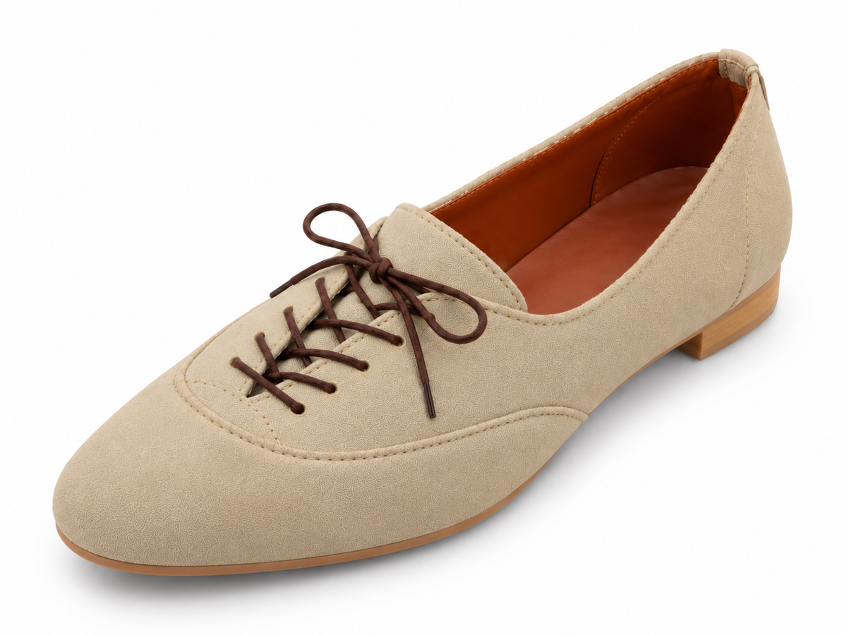 Women's Beige Lace-Up Oxford Flats | Low Block Heel