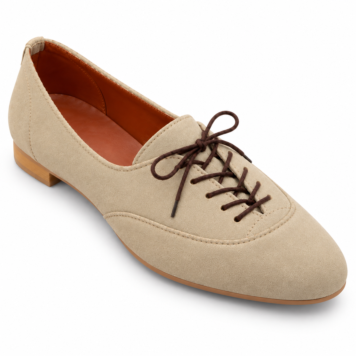 Women's Beige Lace-Up Oxford Flats | Low Block Heel
