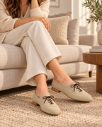 Women's Beige Lace-Up Oxford Flats | Low Block Heel
