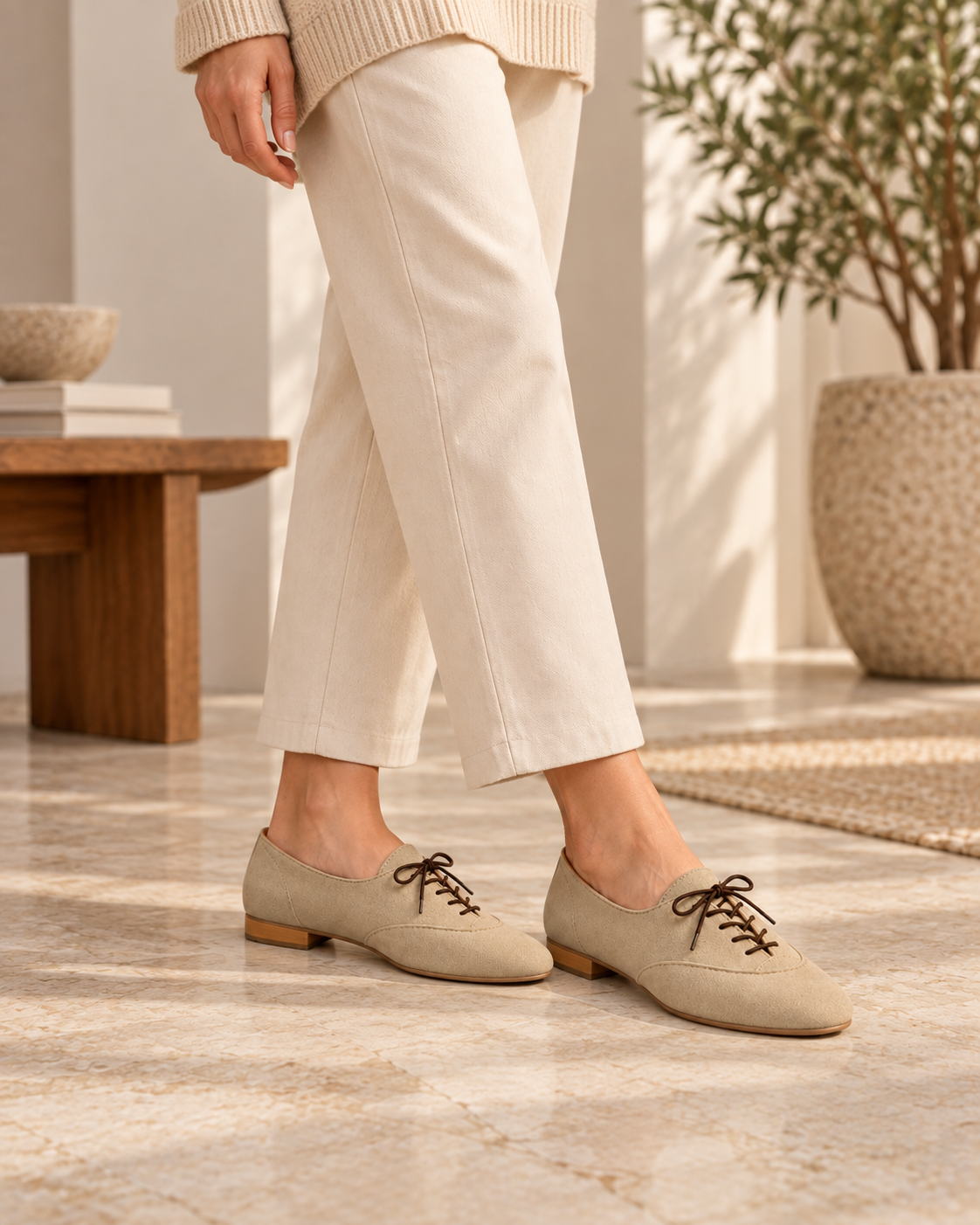 Women's Beige Lace-Up Oxford Flats | Low Block Heel