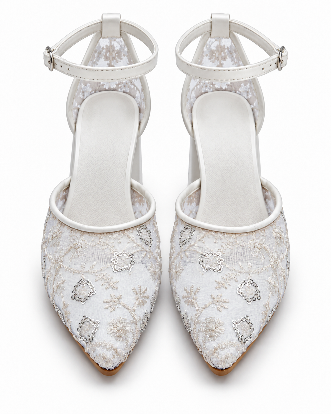 Ivory Block Heel Wedding Shoes | Embroidered Mesh Ankle Strap Pumps