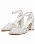 Ivory Block Heel Wedding Shoes | Embroidered Mesh Ankle Strap Pumps