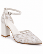 Ivory Block Heel Wedding Shoes | Embroidered Mesh Ankle Strap Pumps