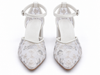 Ivory Block Heel Wedding Shoes | Embroidered Mesh Ankle Strap Pumps