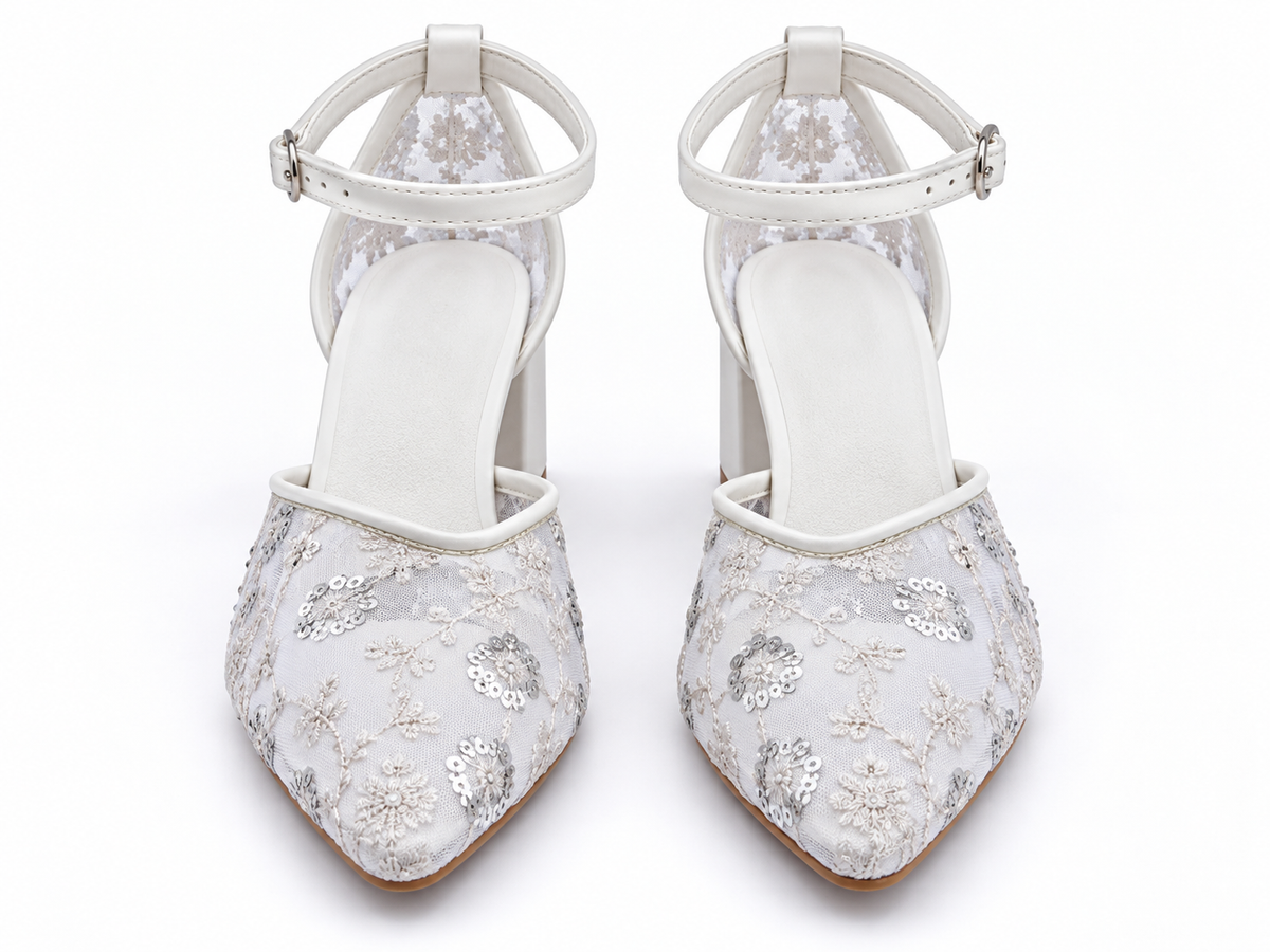 Ivory Block Heel Wedding Shoes | Embroidered Mesh Ankle Strap Pumps