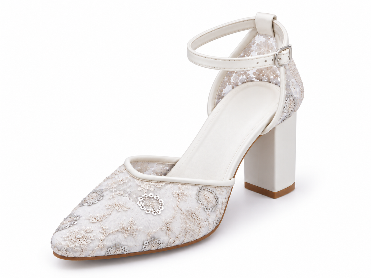 Ivory Block Heel Wedding Shoes | Embroidered Mesh Ankle Strap Pumps