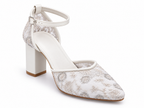 Ivory Block Heel Wedding Shoes | Embroidered Mesh Ankle Strap Pumps