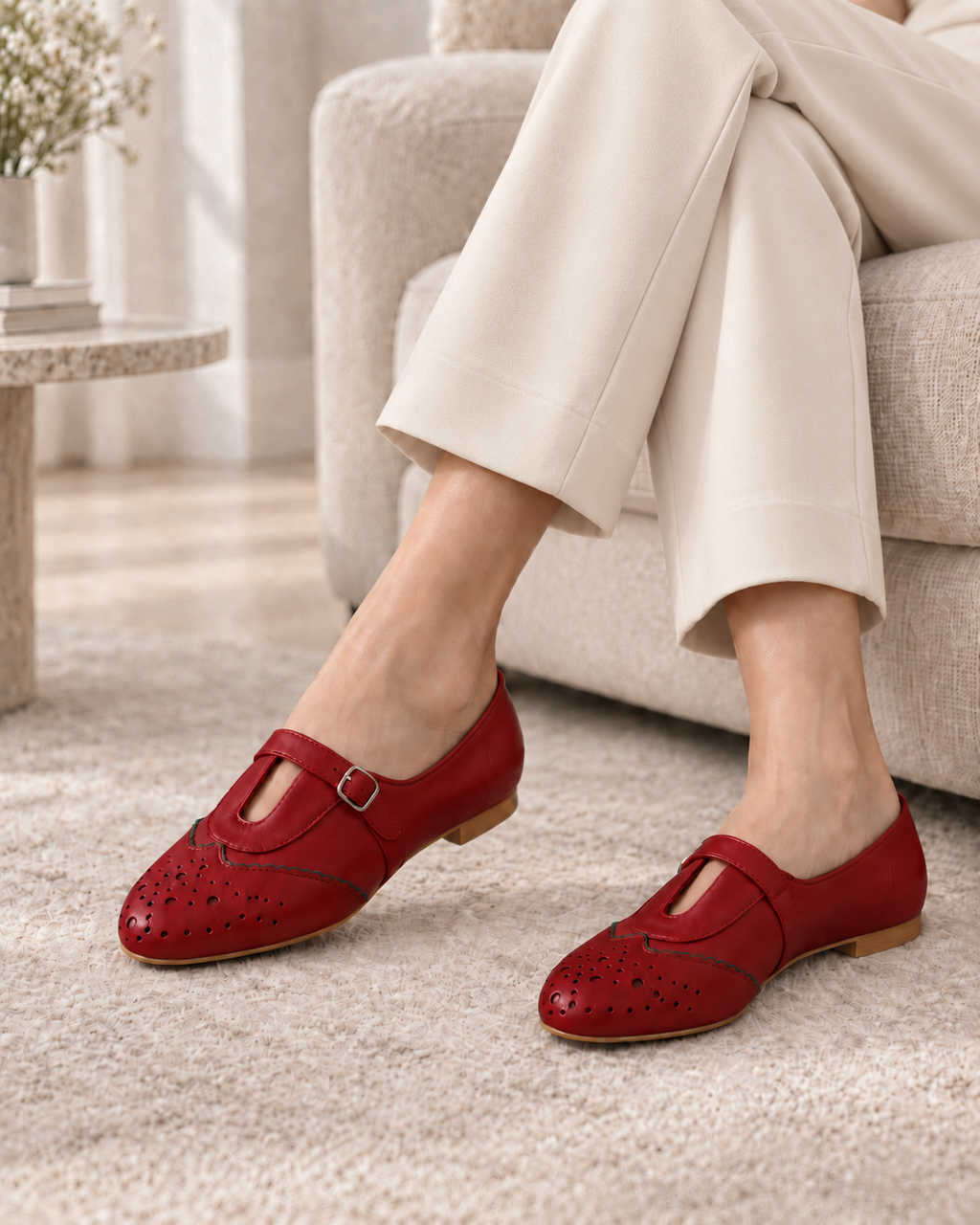 Cherry Red Mary Jane Flats for Women | Buckle Strap Ballet Shoes