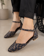 Women's Navy Blue Floral Ankle Strap Flats | Closed Toe & Low Block Heel