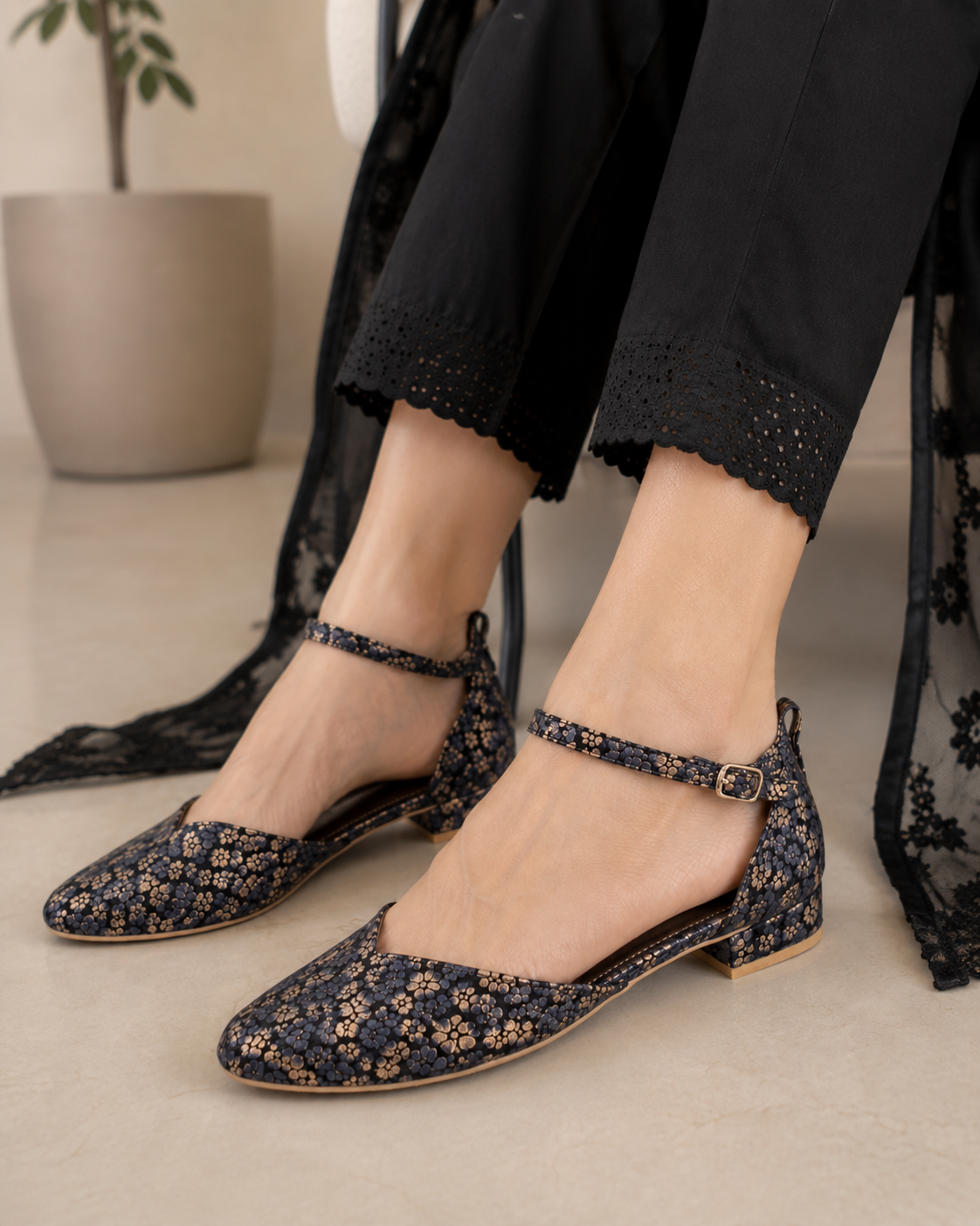 Women's Navy Blue Floral Ankle Strap Flats | Closed Toe & Low Block Heel