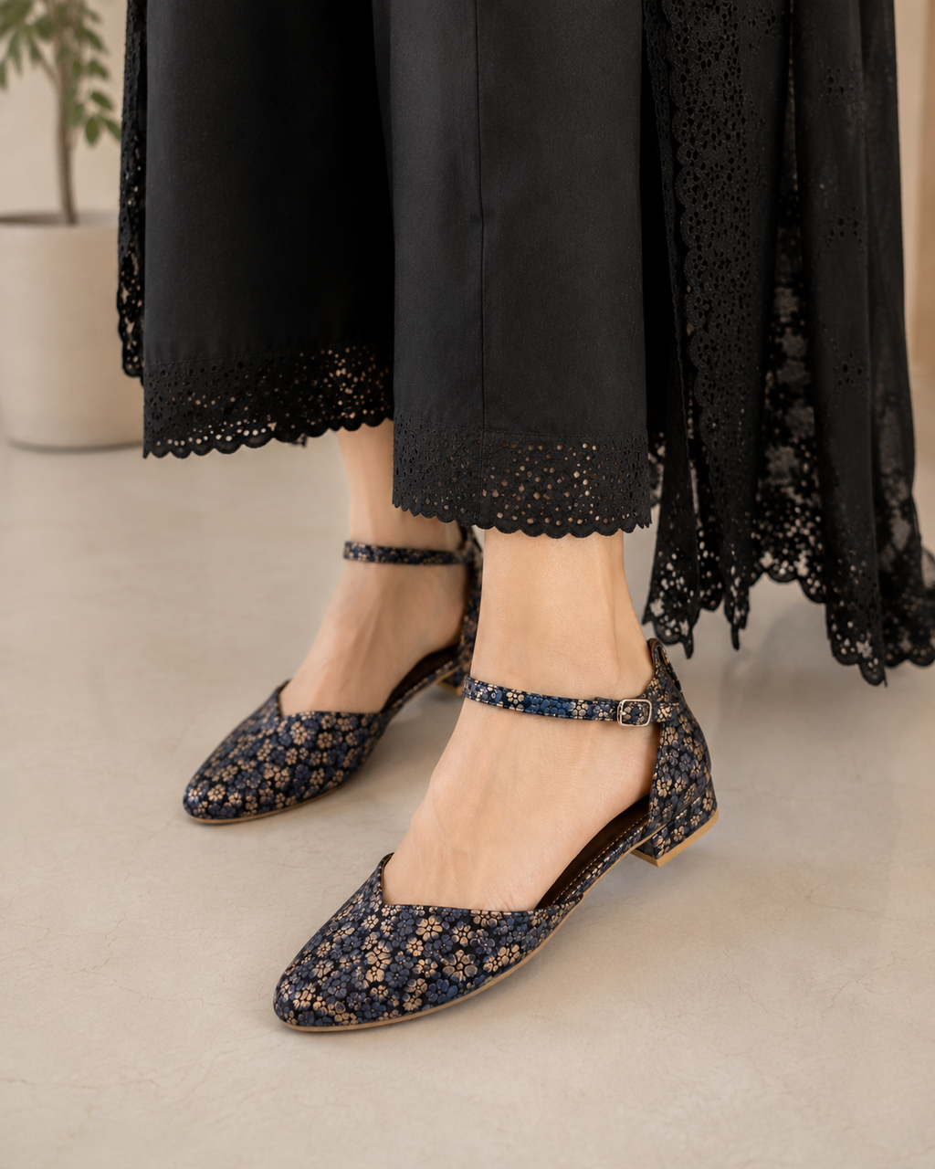 Women's Navy Blue Floral Ankle Strap Flats | Closed Toe & Low Block Heel