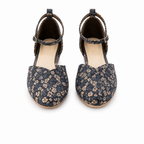 Women's Navy Blue Floral Ankle Strap Flats | Closed Toe & Low Block Heel