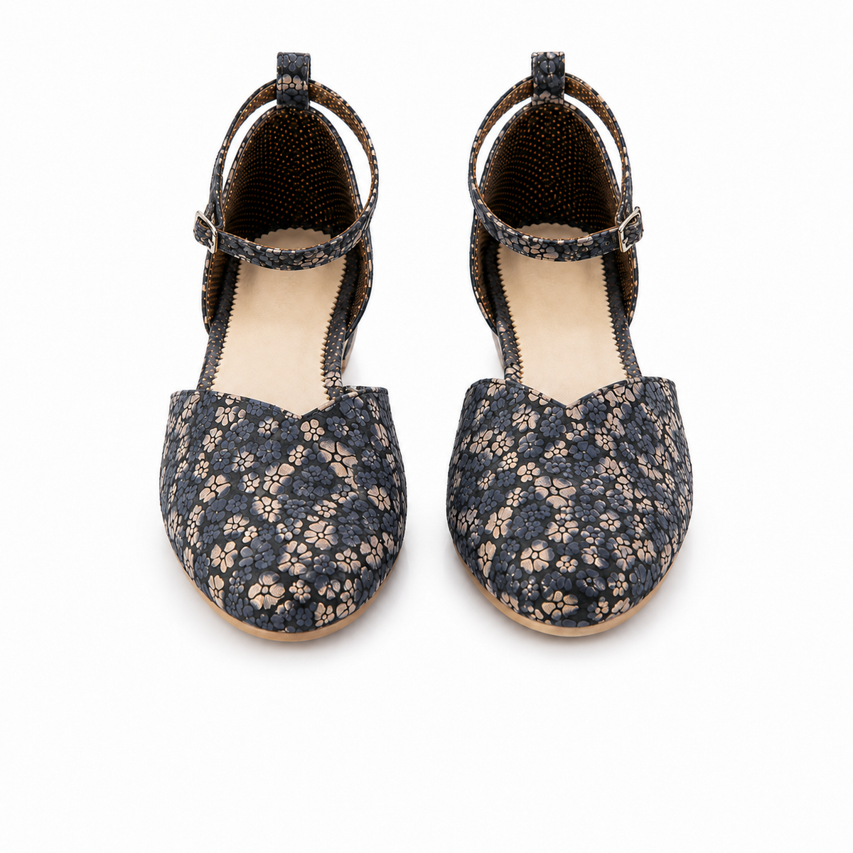 Women's Navy Blue Floral Ankle Strap Flats | Closed Toe & Low Block Heel