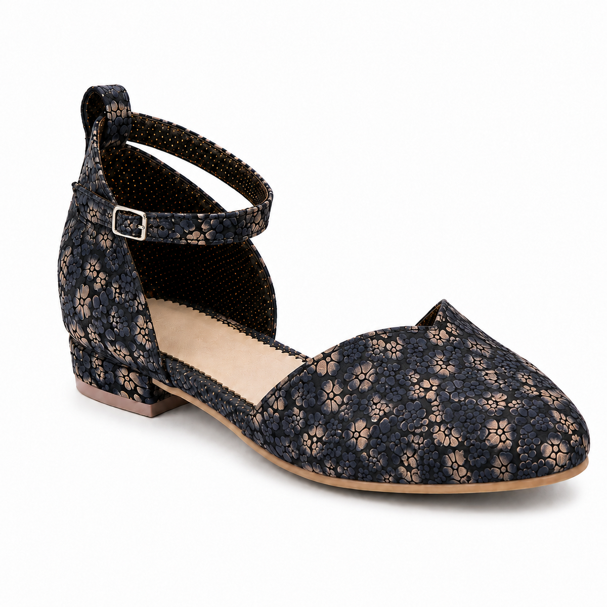 Women's Navy Blue Floral Ankle Strap Flats | Closed Toe & Low Block Heel