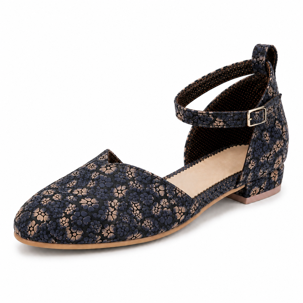 Women's Navy Blue Floral Ankle Strap Flats | Closed Toe & Low Block Heel
