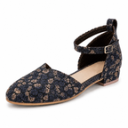 Women's Navy Blue Floral Ankle Strap Flats | Closed Toe & Low Block Heel